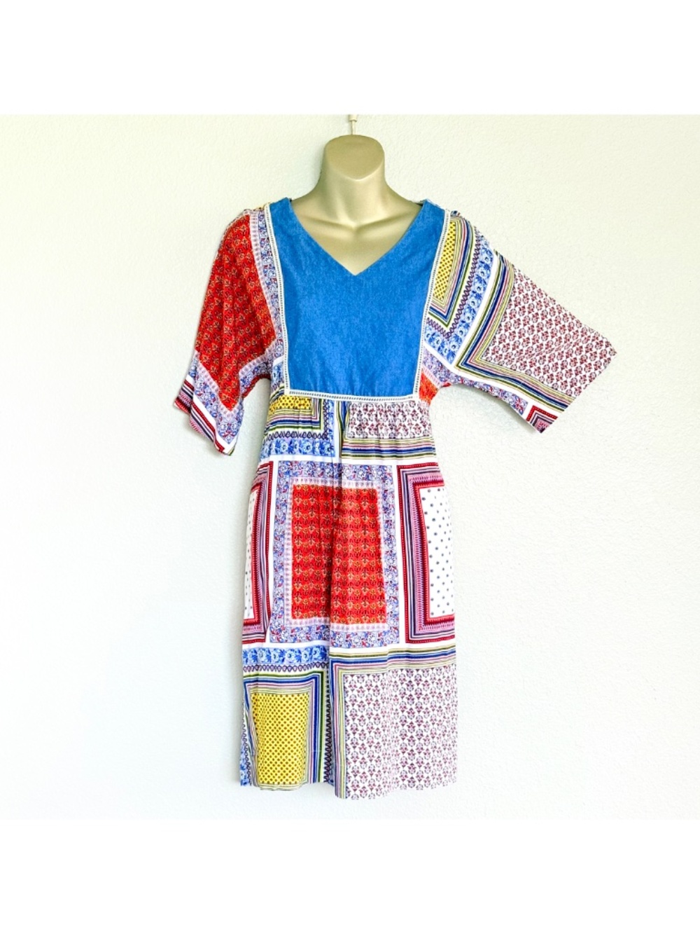 Cottagecore Boho Patchwork Denim Yoke Mixed Print Empire Waist Midi Dress Sz S